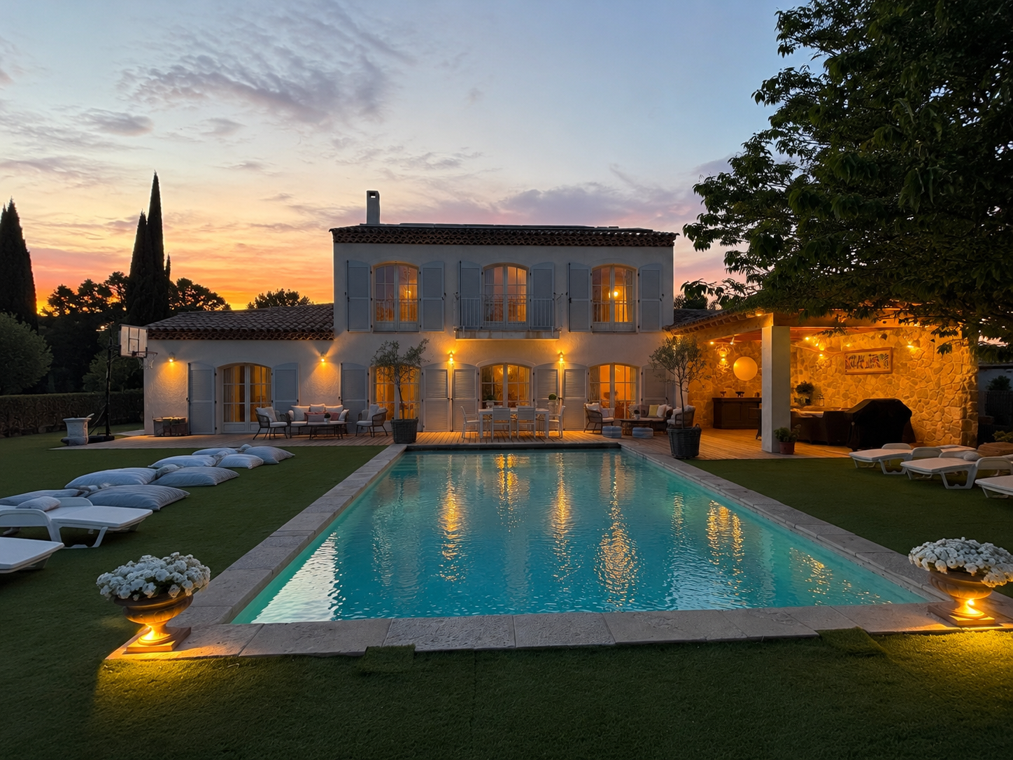 Amore Mio au crépuscule, lumières de la maison et reflets dans la piscine